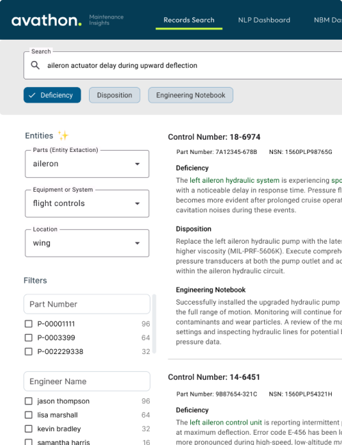 Maintenance Insights dashboard showing analytics and AI-powered search interfaces