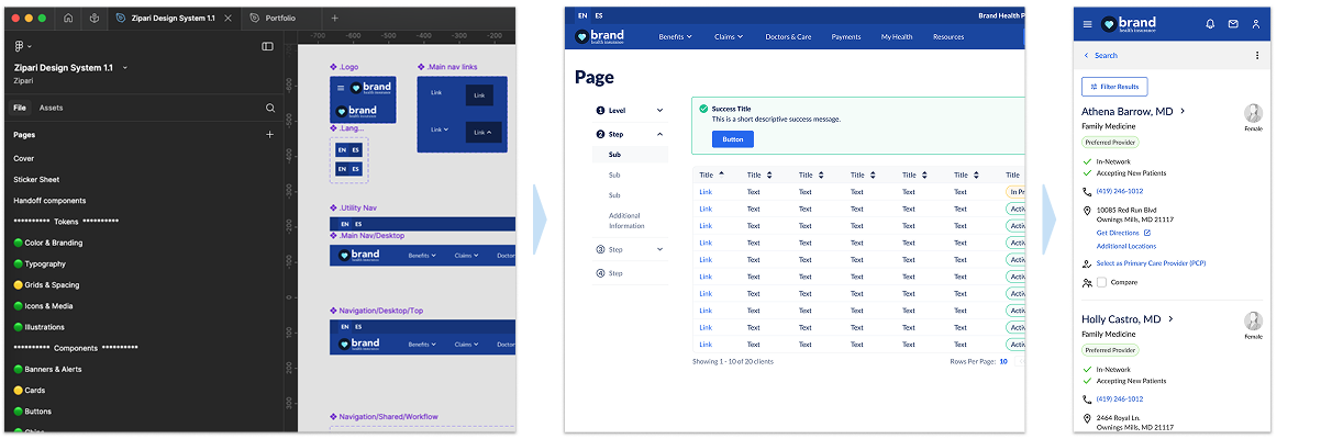Zipari design system component library showing healthcare interface elements and style guide